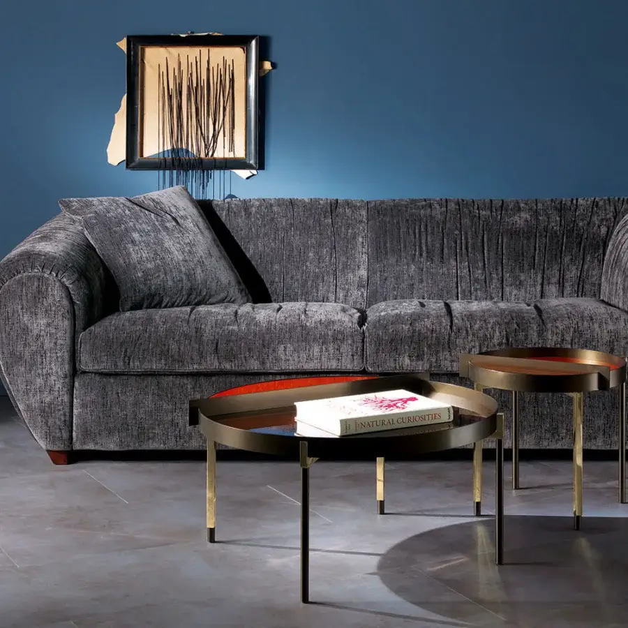 Superior Zanaboni Oberdan sofa with a rounded silhouette and plush muted gray textile upholstery in a matte finish
