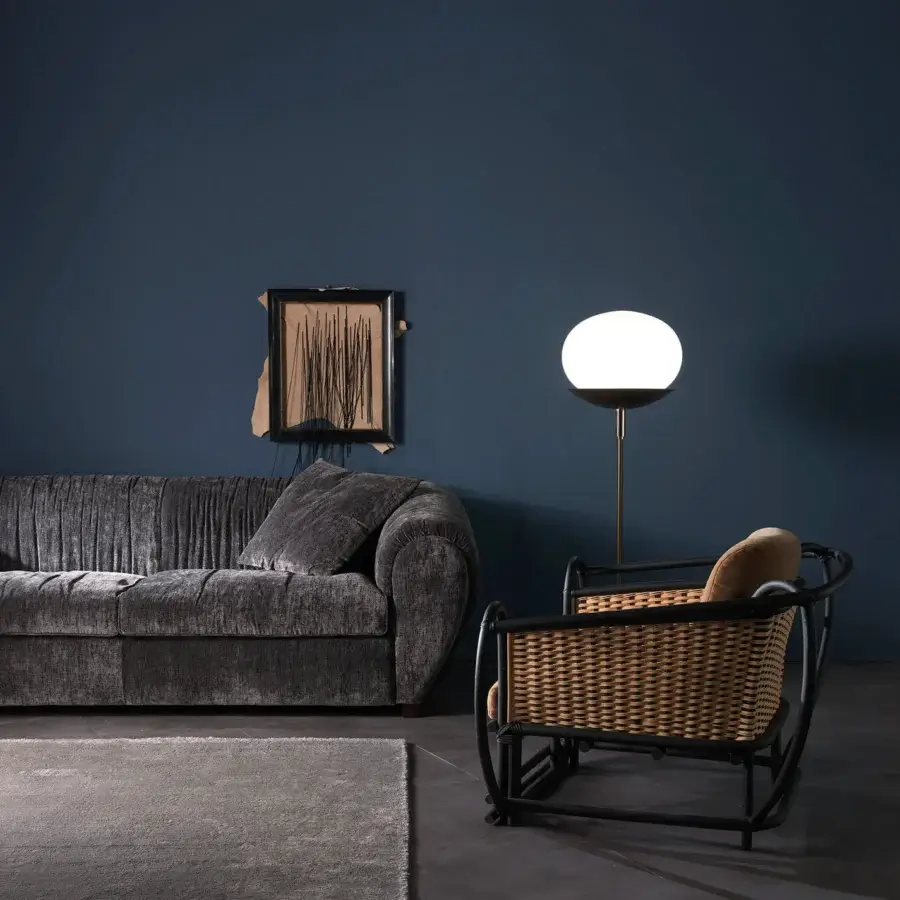 Elegant Zanaboni Oberdan sofa with a rounded silhouette and woven gray fabric upholstery crafted in Italy