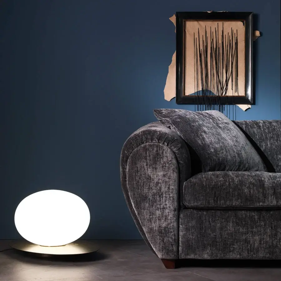 Distinguished Zanaboni Oberdan sofa with a gently curved silhouette and plush muted gray textile upholstery