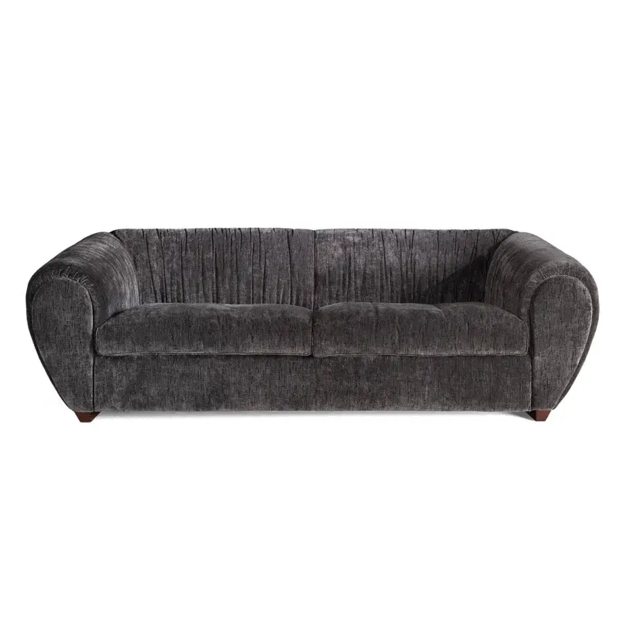 Superior Zanaboni Oberdan sofa with a curved silhouette and deeply pleated matte textured dark gray velvet upholstery