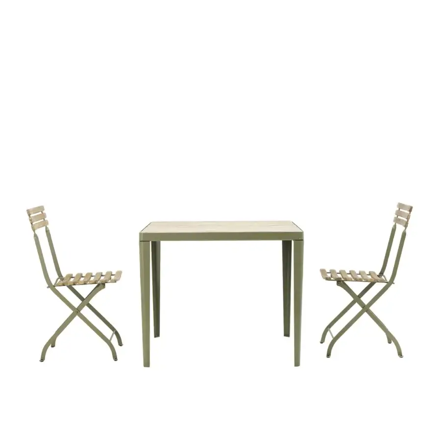 Sophisticated Ethimo Laren table crafted in teak and metal with a muted olive green finish embodying a contemporary aesthetic