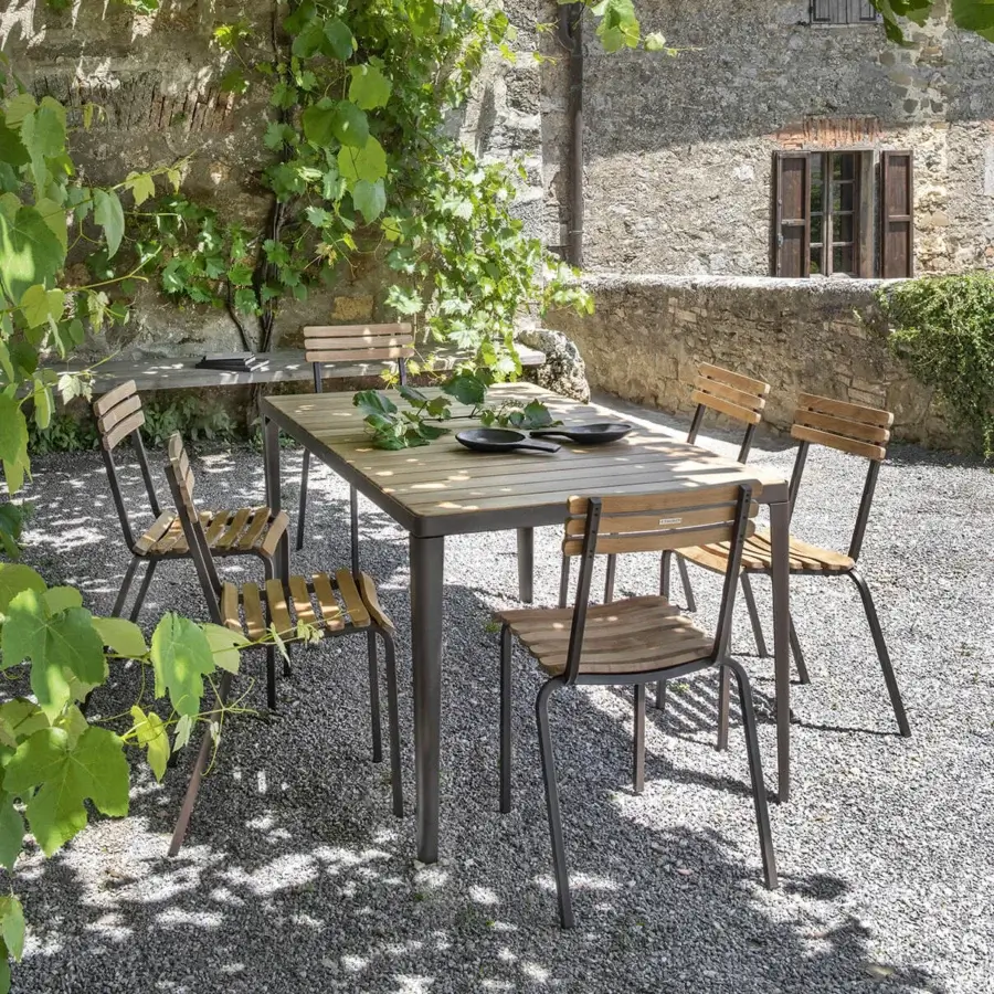 Exceptional Ethimo Laren table crafted in teak wood and dark gray metal with a satin finish