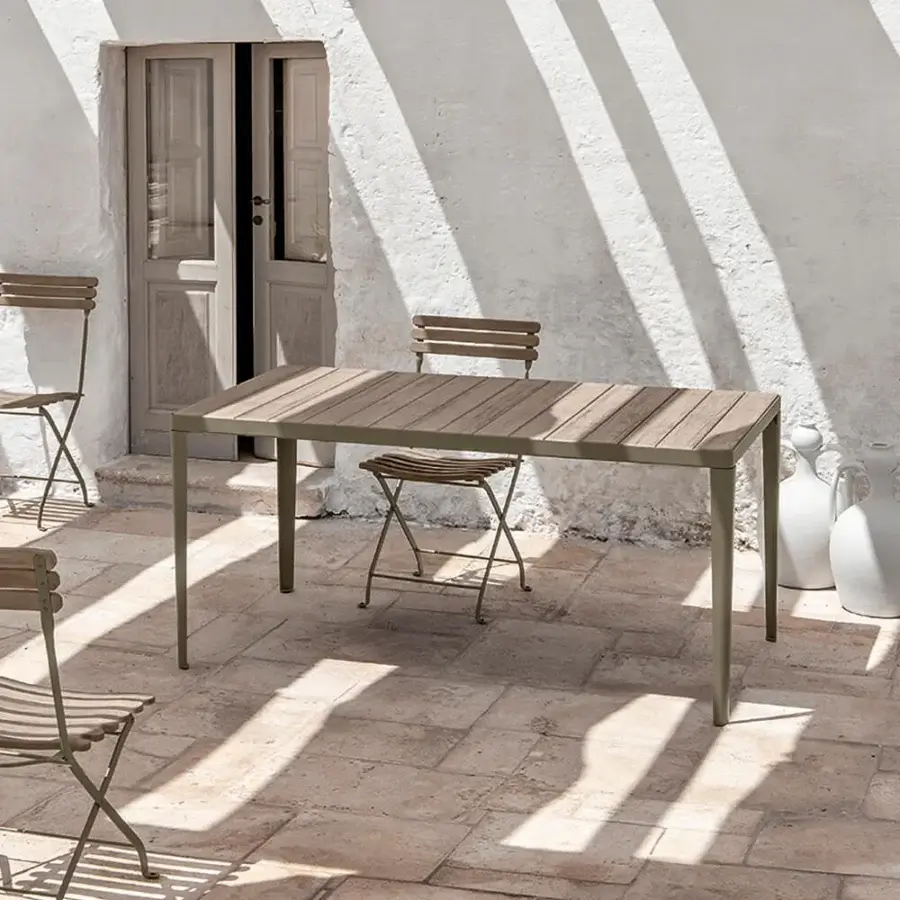 Elegant Ethimo Laren table crafted with teak slat tabletop and muted olive-green metal frame with a matte finish