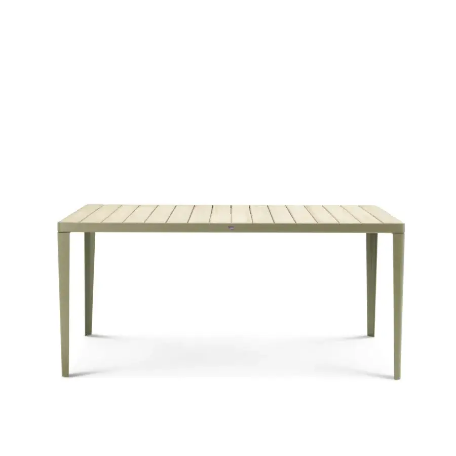Superior Ethimo Laren table crafted with olive-green metal frame and rhythmic teak slat tabletop embodies contemporary design