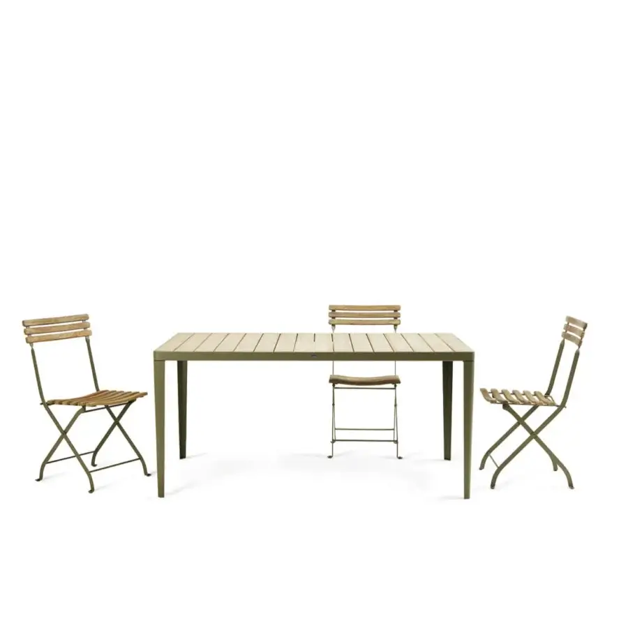 Sophisticated Ethimo Laren table crafted with a sleek metal frame and rhythmic teak slats in a muted olive green finish