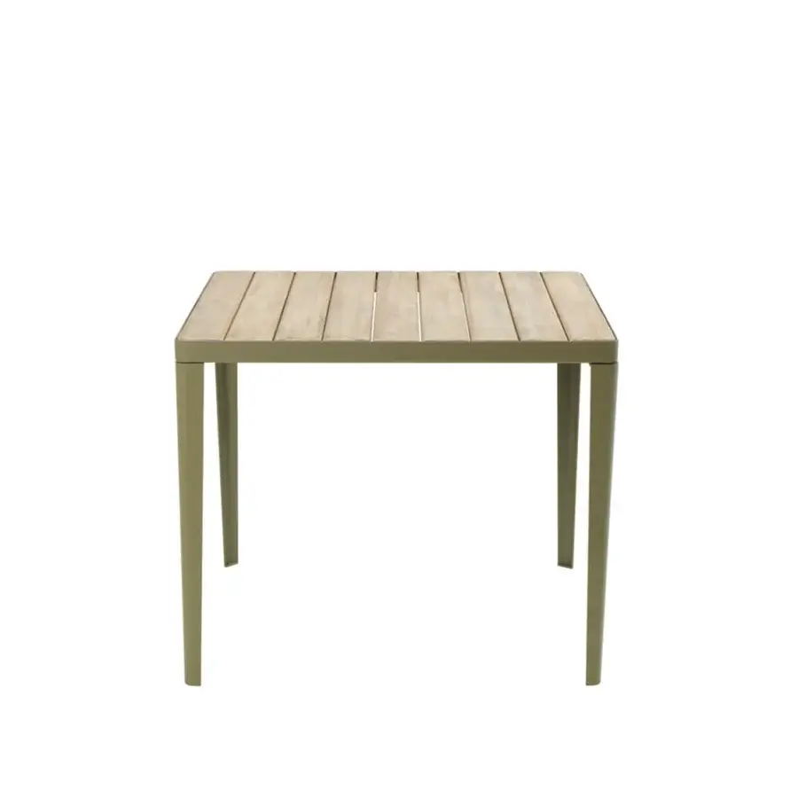 Exclusive Ethimo Laren table crafted with olive-green metal and beautifully grained teak wood exhibiting a matte finish