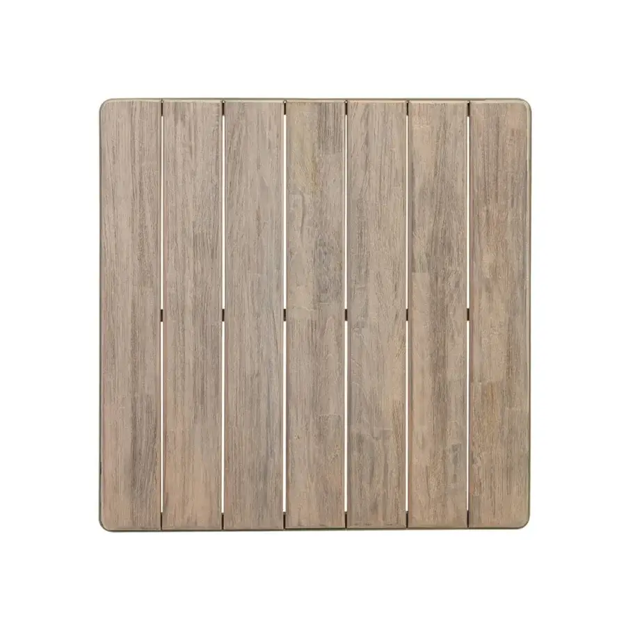 Superior Ethimo Laren table crafted in teak with a weathered gray-brown finish exhibiting a rhythmic slat arrangement