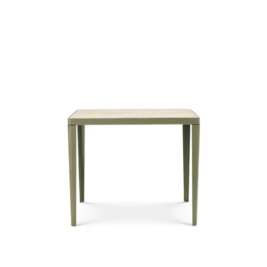 Distinguished Ethimo Laren table crafted in teak with a matte olive green metal frame exhibiting a rhythmic wood slat arrangement