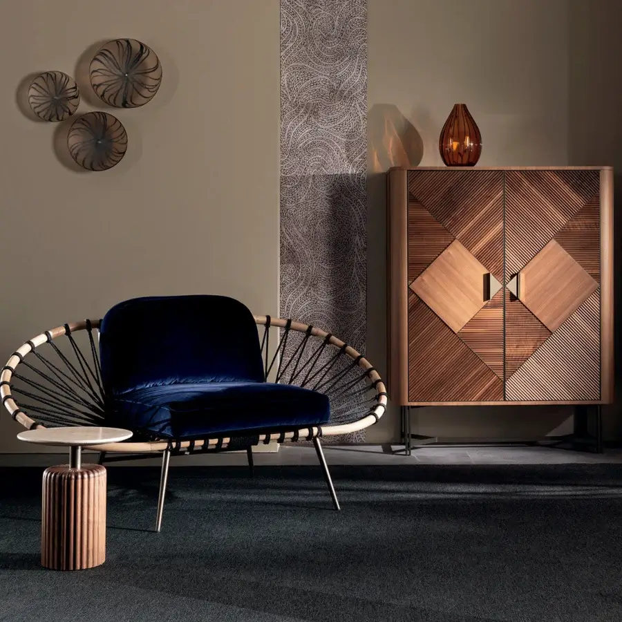 Distinguished Zanaboni Presence cupboard crafted from Canaletto walnut with geometric wooden slats and twill effect textile within
