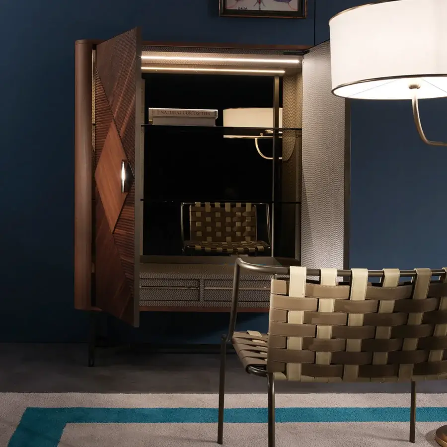 Elegant Zanaboni Presence cupboard crafted from Canaletto walnut with twill textile and curved detailing