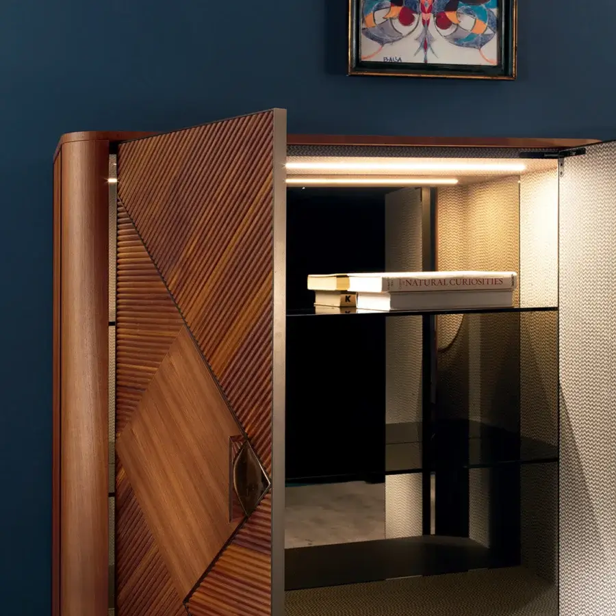 Captivating Zanaboni Presence cupboard crafted from Canaletto walnut with inlaid wood detailing and twill textile within