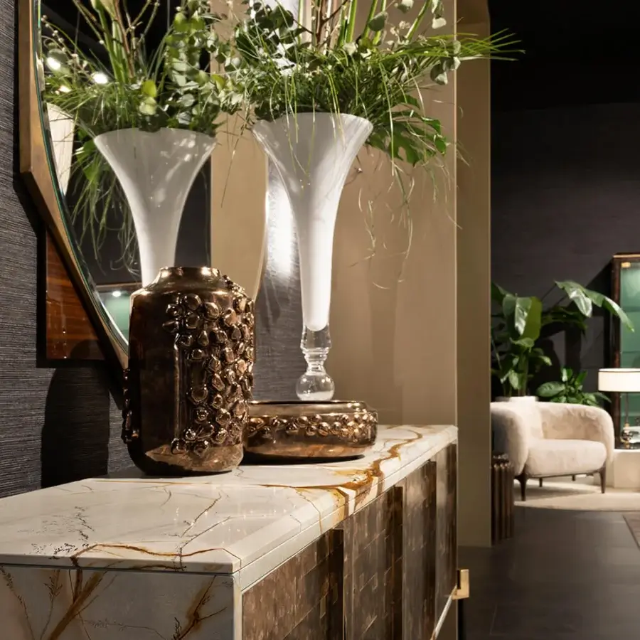Elegant Zanaboni East Ovest sideboard crafted with eucalyptus wood, bronzed glass, and a marble top in glossy white lacquer