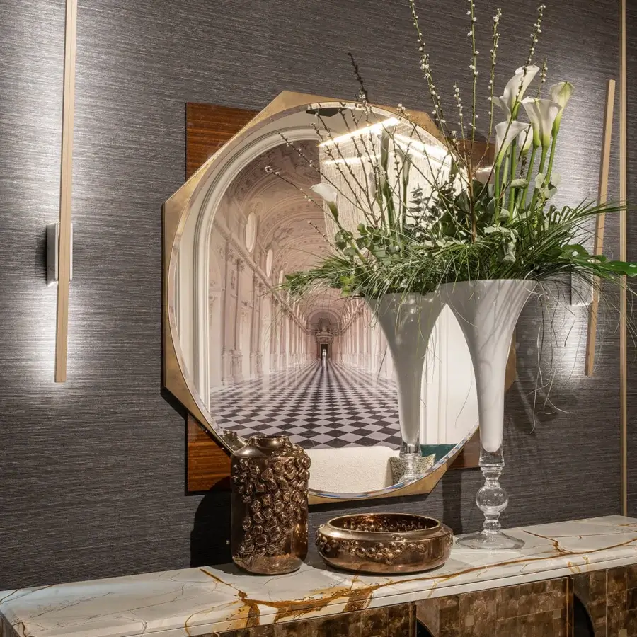 Superior Zanaboni East Ovest sideboard crafted with glossy white lacquer, natural eucalyptus wood, and bronzed glass