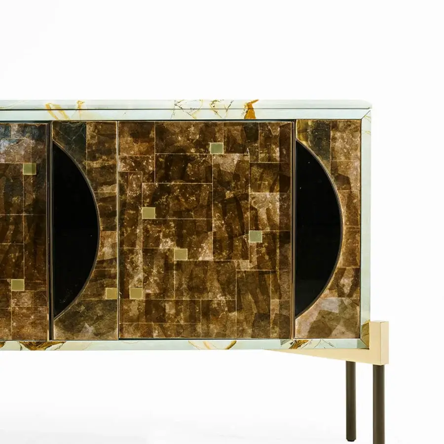 Lavish Zanaboni East Ovest sideboard crafted with glossy white lacquer, eucalyptus wood, and bronzed glass with dark mosaic panels
