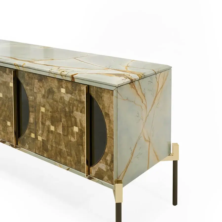 Superior Zanaboni East Ovest sideboard crafted with glossy white lacquer, eucalyptus wood, and bronzed glass with gold metal detailing