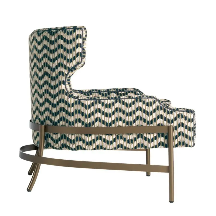 Exceptional Zanaboni Atelier lounge chair with cream and deep teal geometric textile upholstery and bronzed metal frame