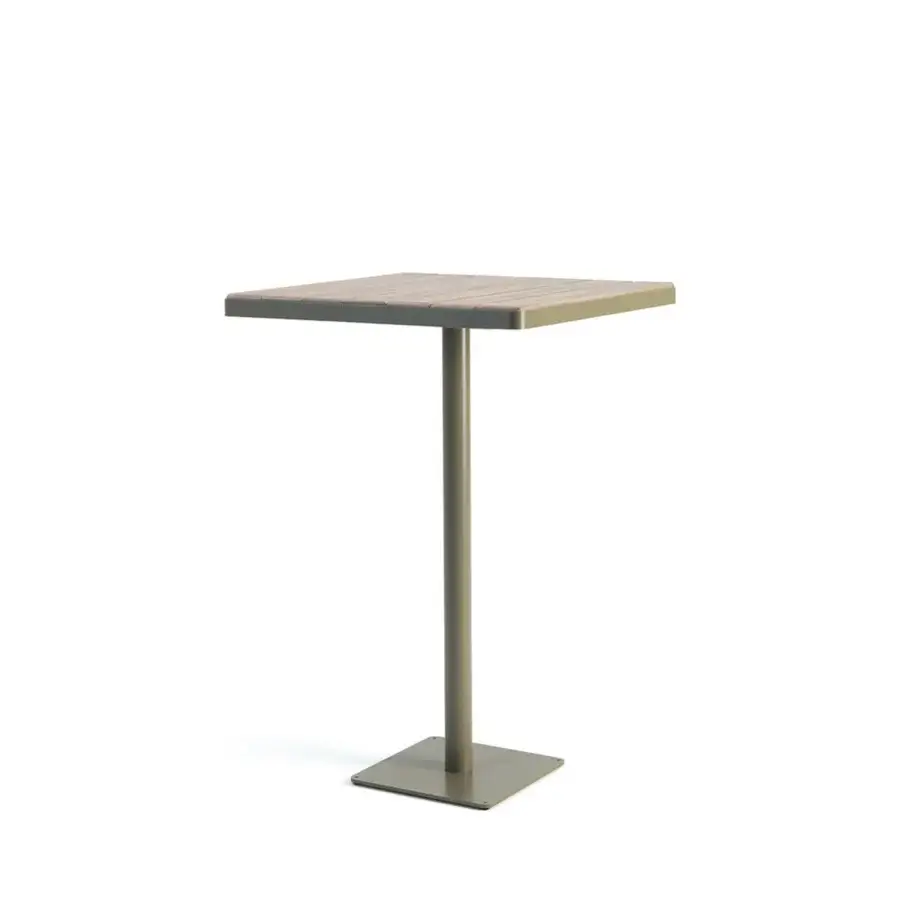 Distinguished Ethimo Laren bar table with warm teak wood tabletop and sleek olive-green metal base in satin finish