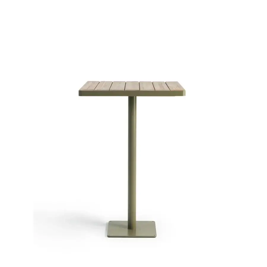 Elegant Ethimo Laren bar table with square teak slat tabletop and muted olive-green satin metal base