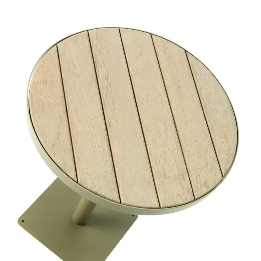 Distinguished Ethimo Laren bar table crafted with warm teak slats and muted olive-green metal, presenting a harmonious matte finish