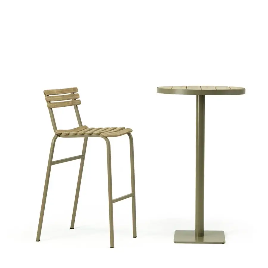 Harmonious Ethimo Laren bar table crafted with warm teak slats and muted olive-toned green metal finish