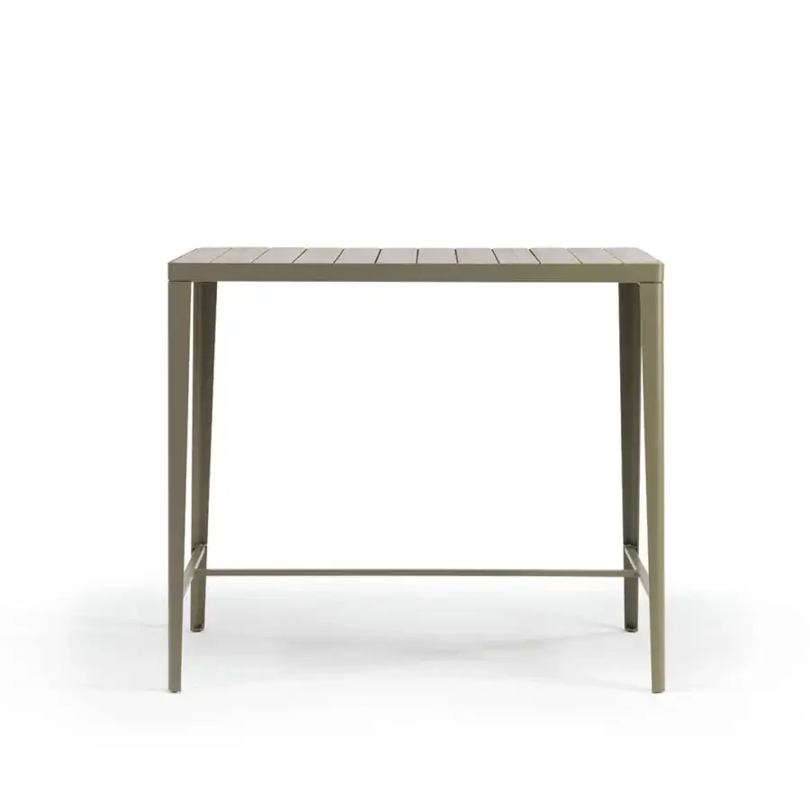 Superior Ethimo Laren bar table crafted with warm teak slats and muted olive-green metal with a satin finish
