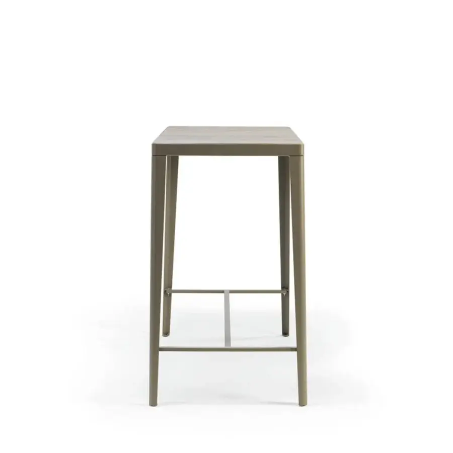 Elegant Ethimo Laren bar table crafted with sleek metal and warm teak slats in a muted olive finish