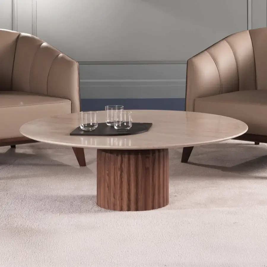 Sophisticated Zanaboni Babylon coffee table with a circular marble top and satin ash wood base in bronzed metal