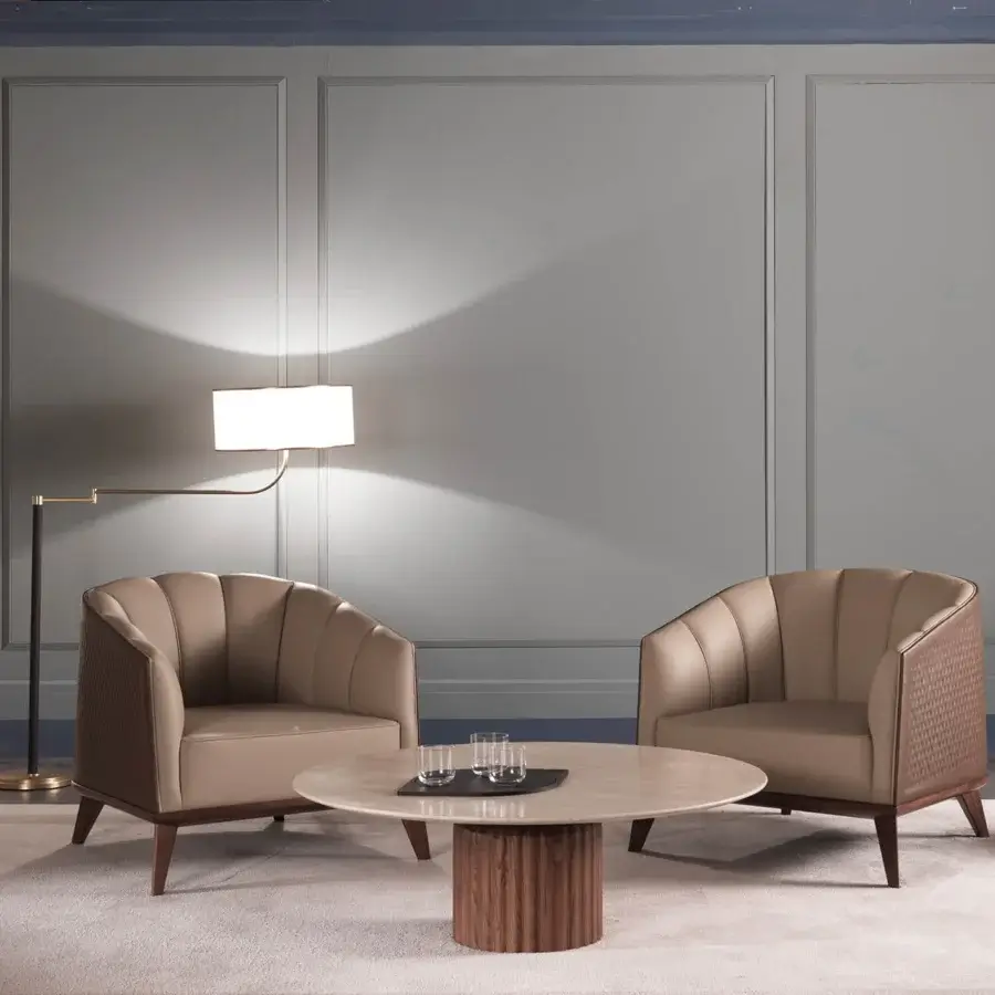 Harmonious Zanaboni Babylon coffee table with a circular marble top and ribbed bronzed metal with ash wood base