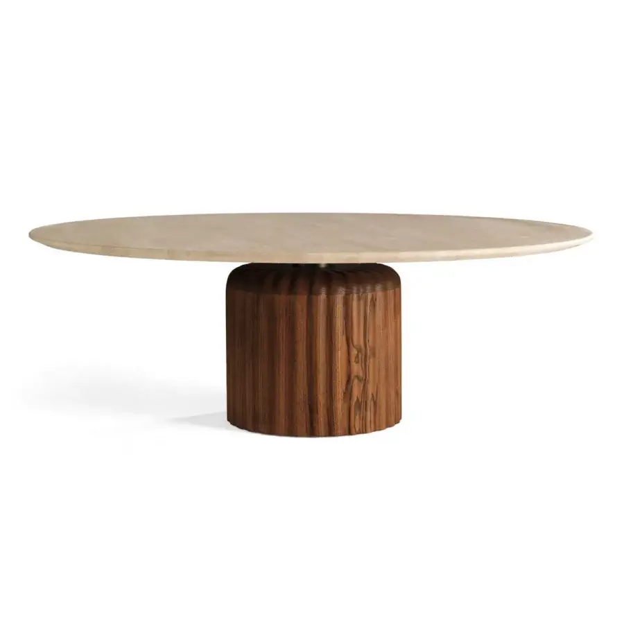 Distinguished Zanaboni Babylon coffee table with a matte marble top and dark brown solid ash wood base connected by bronzed metal