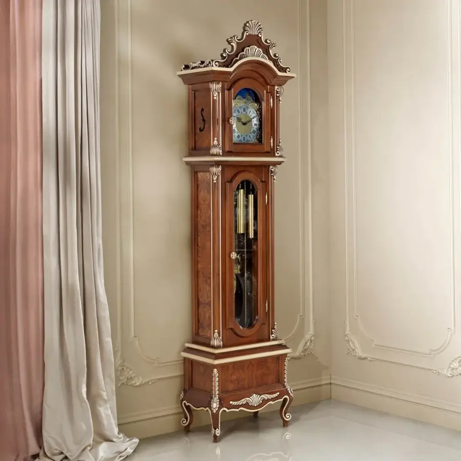 Distinguished Modenese Noble Etiquette grandfather clock crafted in warm brown polished wood with ornate carved floral detailing