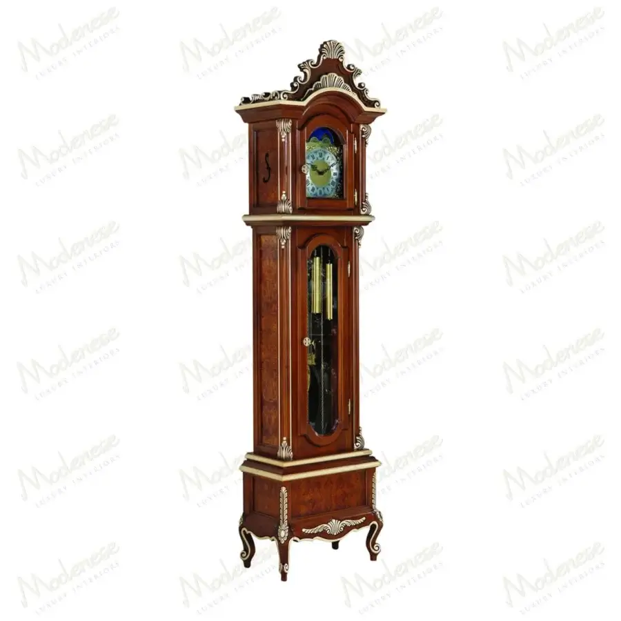 Exceptional Modenese Noble Etiquette grandfather clock built in warm golden brown wood with ornate carvings and high-gloss finish