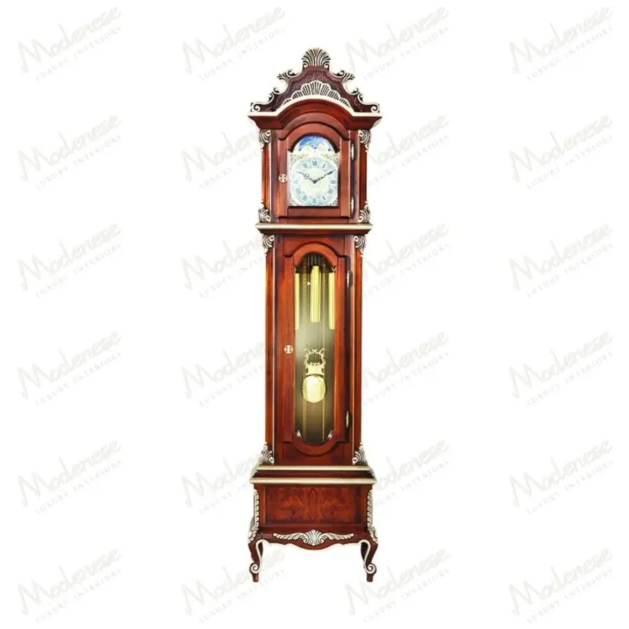 Distinguished Modenese Noble Etiquette grandfather clock crafted in richly-toned wood with gilded accents and a glossy finish