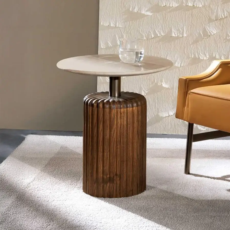 Superior Zanaboni Babylon side table with a magnificent marble top and skillfully turned solid ash wood base in bronzed metal