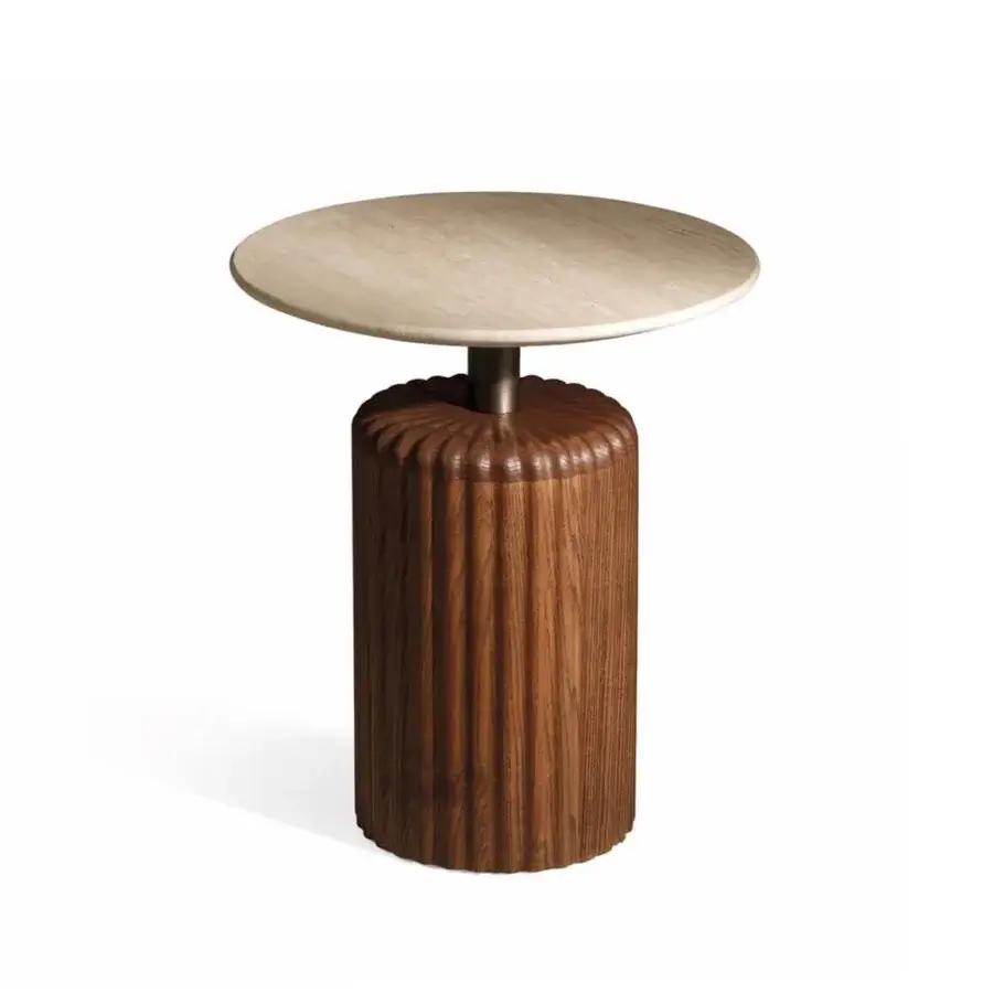 Superior Zanaboni Babylon side table with a marble top and skillfully turned solid ash wood base in bronzed metal
