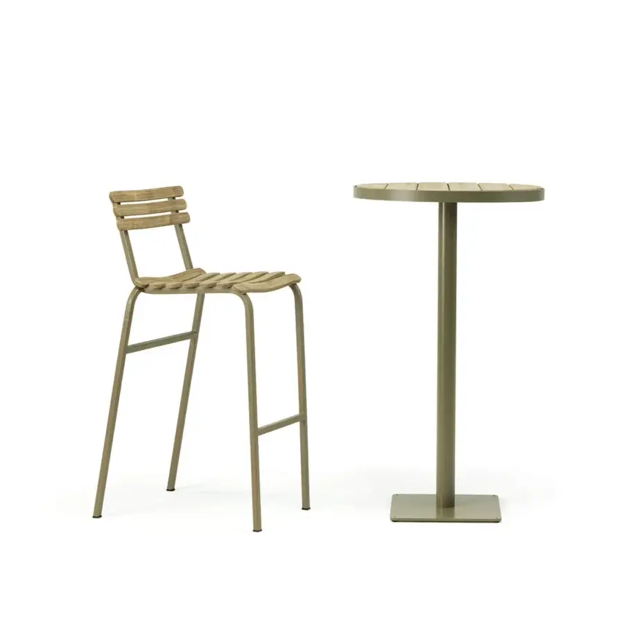 Elegant Ethimo Laren stool with slender metal frame and wood slats in an earthy olive green finish