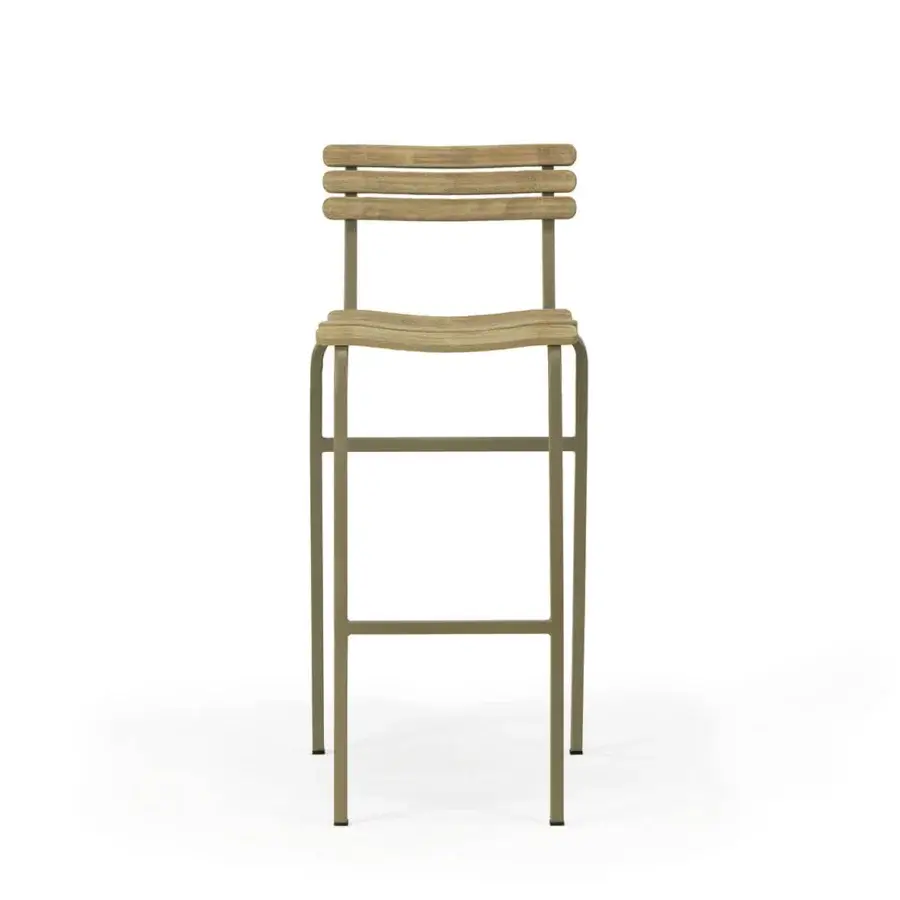 Distinguished Ethimo Laren stool with matte olive-green metal and natural wood slats built for durable, understated elegance