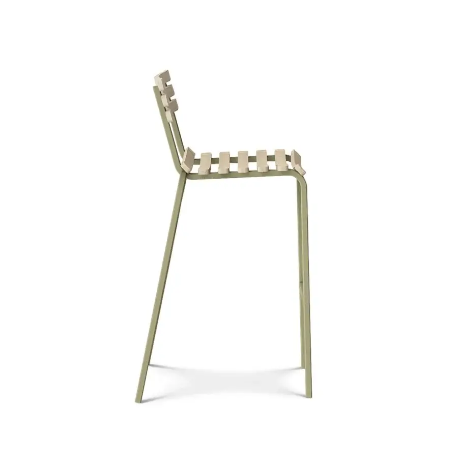 Elegant Ethimo Laren stool in olive green with open-slat construction and subtle matte finish