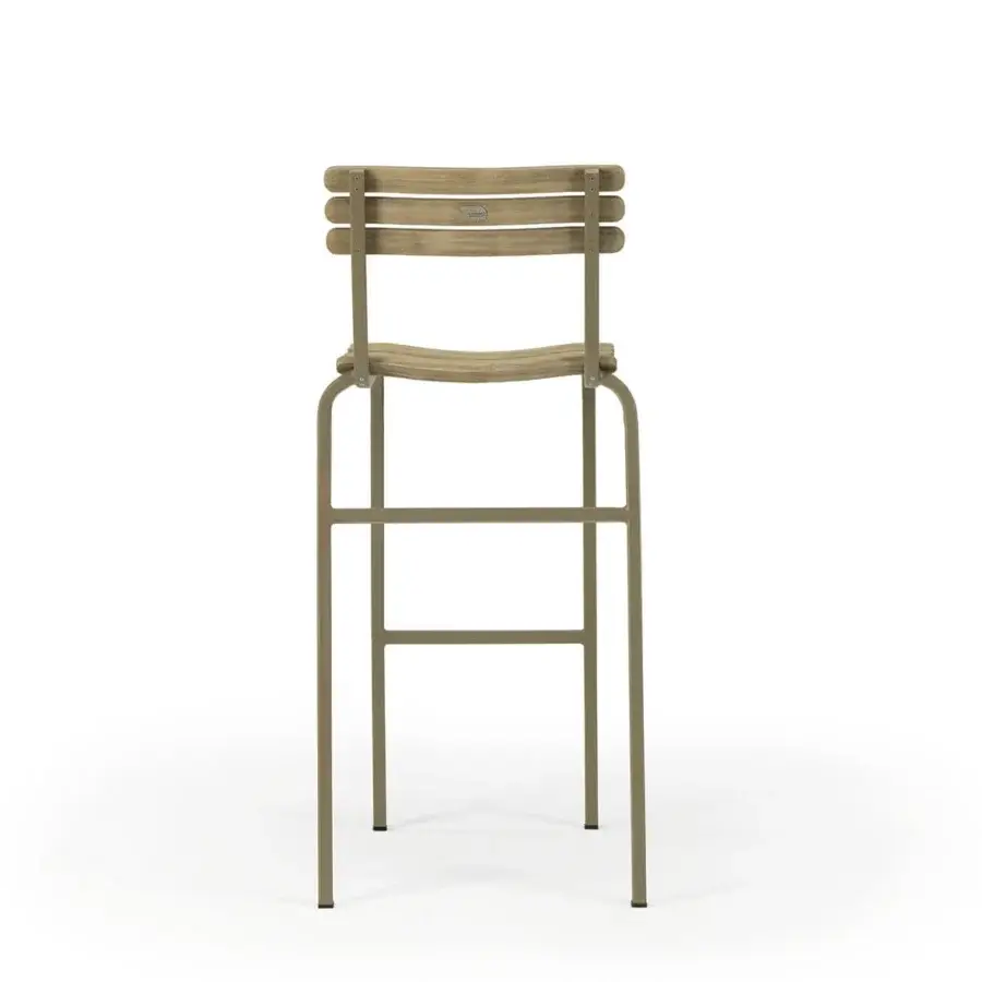Harmonious Ethimo Laren stool crafted in Italy with an olive-green metal frame and natural wood slats