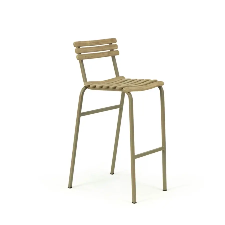Superior Ethimo Laren stool with matte olive-green metal and wooden slats crafted in Italy for outdoor use