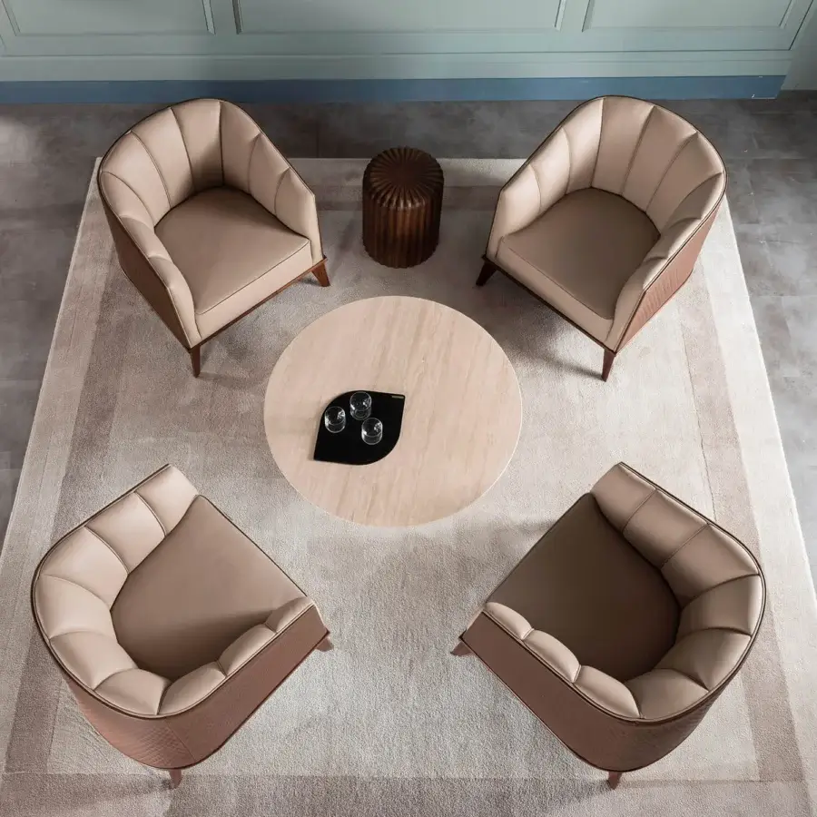 Exceptional Zanaboni Babylon ottoman crafted in solid wood with warm beige woven textile and ribbed surface