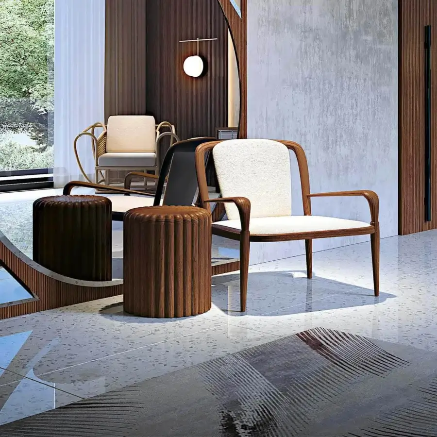 Elegant Zanaboni Babylon ottoman crafted in solid wood with a rich brown satin finish and textured fluted surface