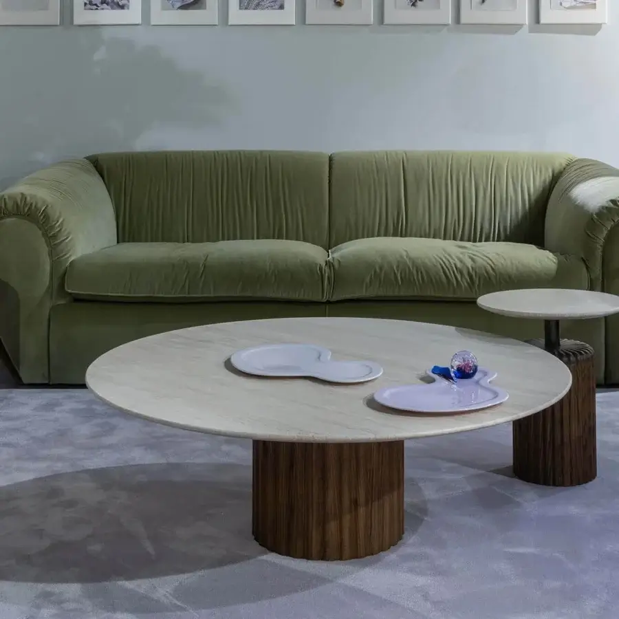 Distinguished Zanaboni Babylon coffee table with creamy white marble and satin-finish solid ash wood base
