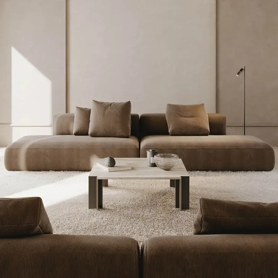 Elegant VENICEM Serge coffee table with textured travertine top and dark-toned metal base in a matte finish