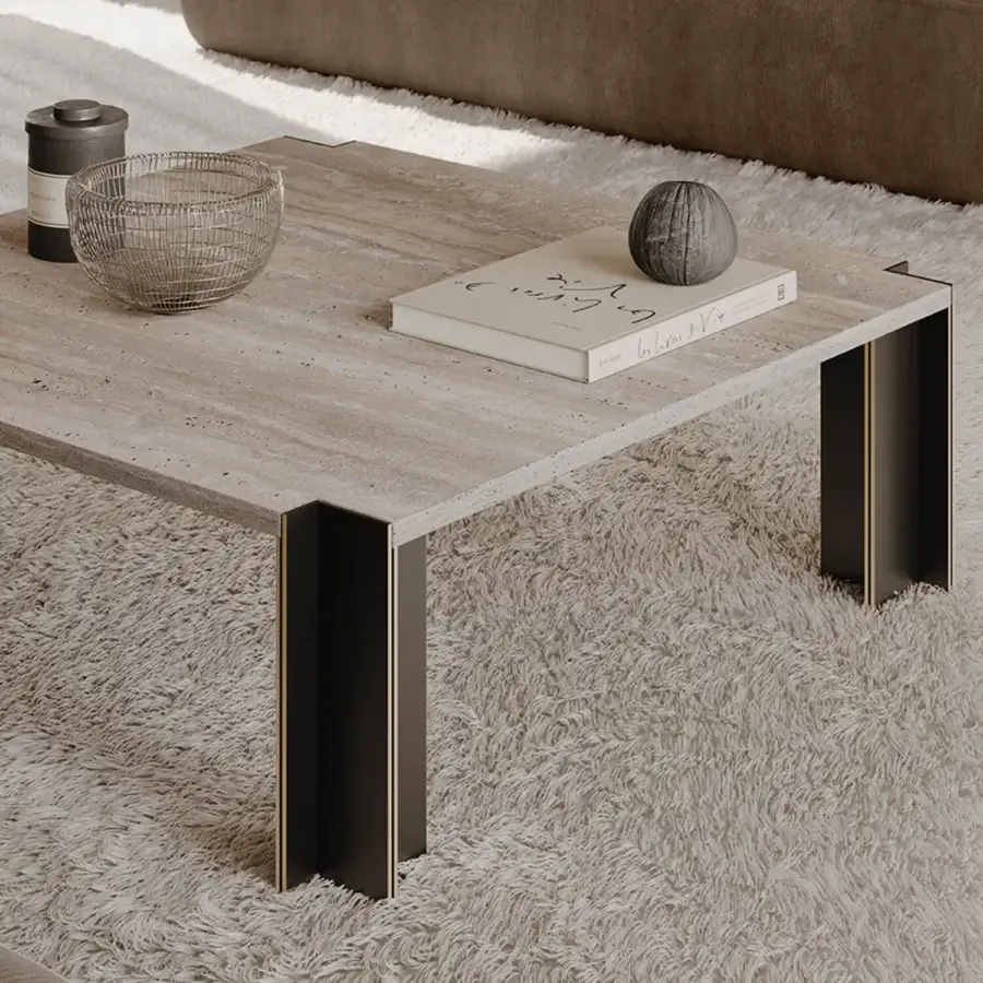 Distinguished VENICEM Serge coffee table with light travertine top and dark-toned legs crafted in Italy