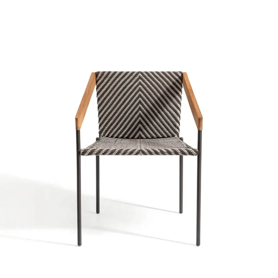 Superior Ethimo Allaperto Bistrò armchair crafted with a matte black metal frame and geometric black and off-white woven seat and back with satin-finish wood armrests