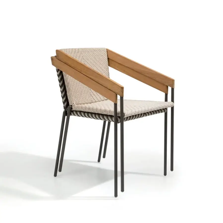 Refined Ethimo Allaperto Bistrò armchair with dark gray matte metal, warm brown wood, and woven light beige textile seat back