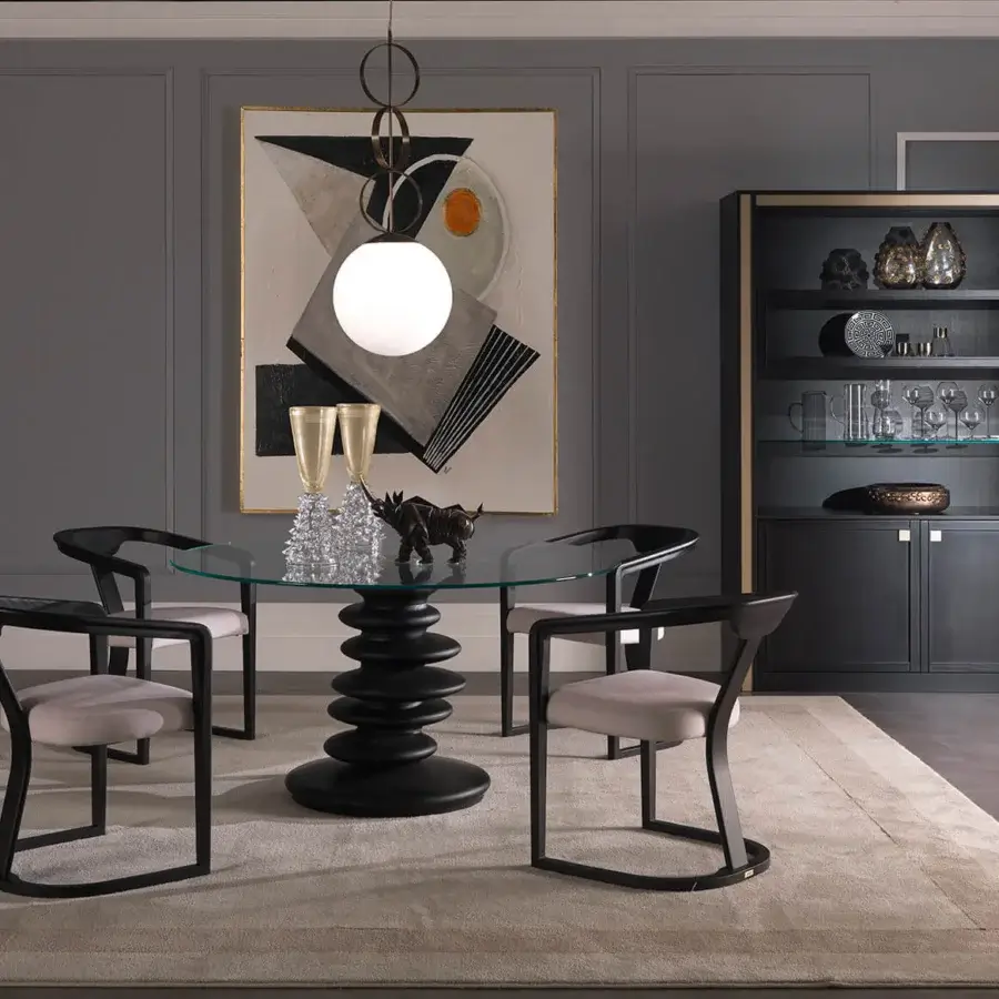 Exceptional Zanaboni Ometto table with a clear glass top and sculptural dark-toned cylindrical pedestal base