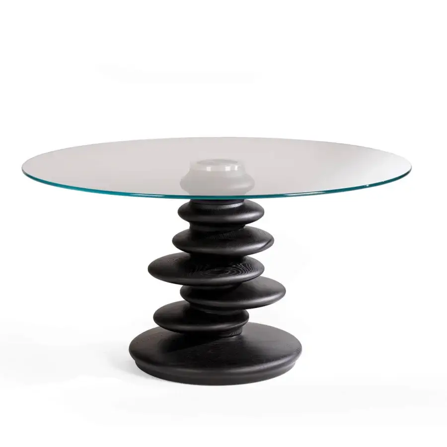 Captivating Zanaboni Ometto table with a clear glass top and uniquely textured dark-toned sculpted wood base