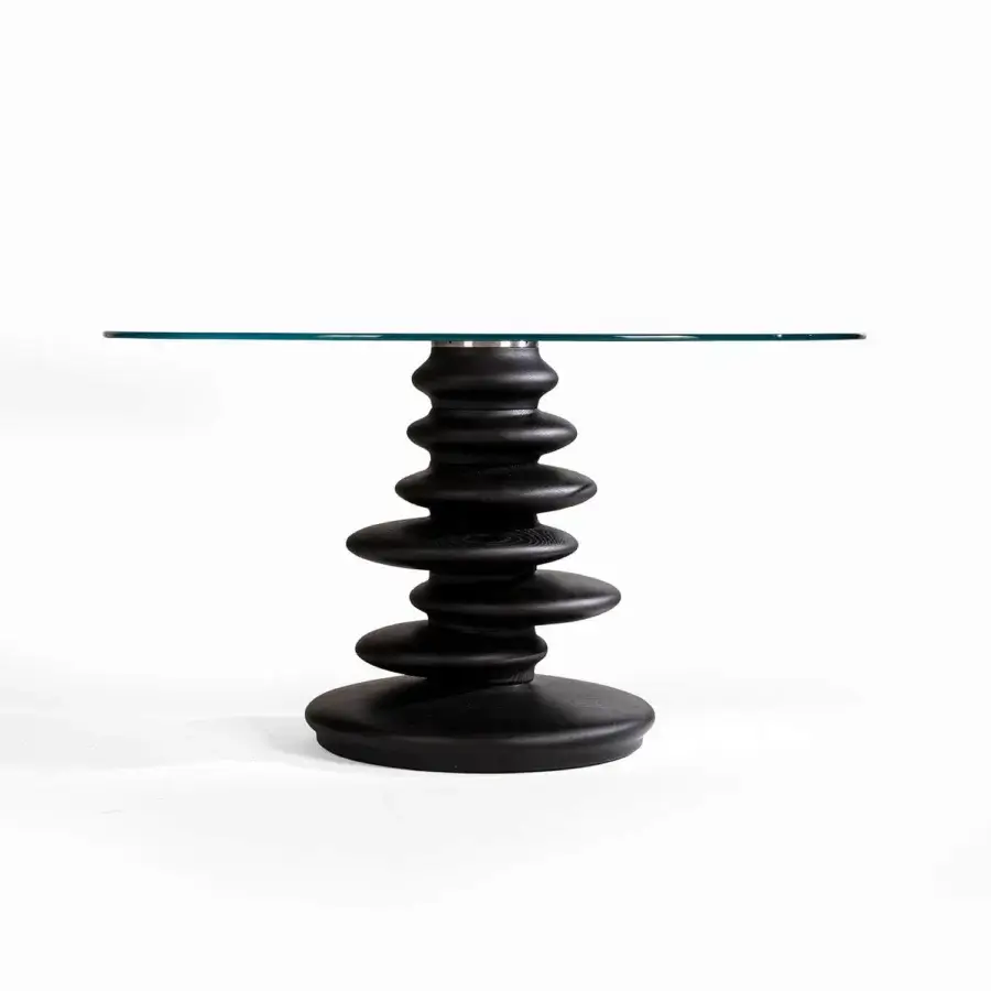Distinguished Zanaboni Ometto table with a clear glass top and dark-toned wooden base featuring a matte finish