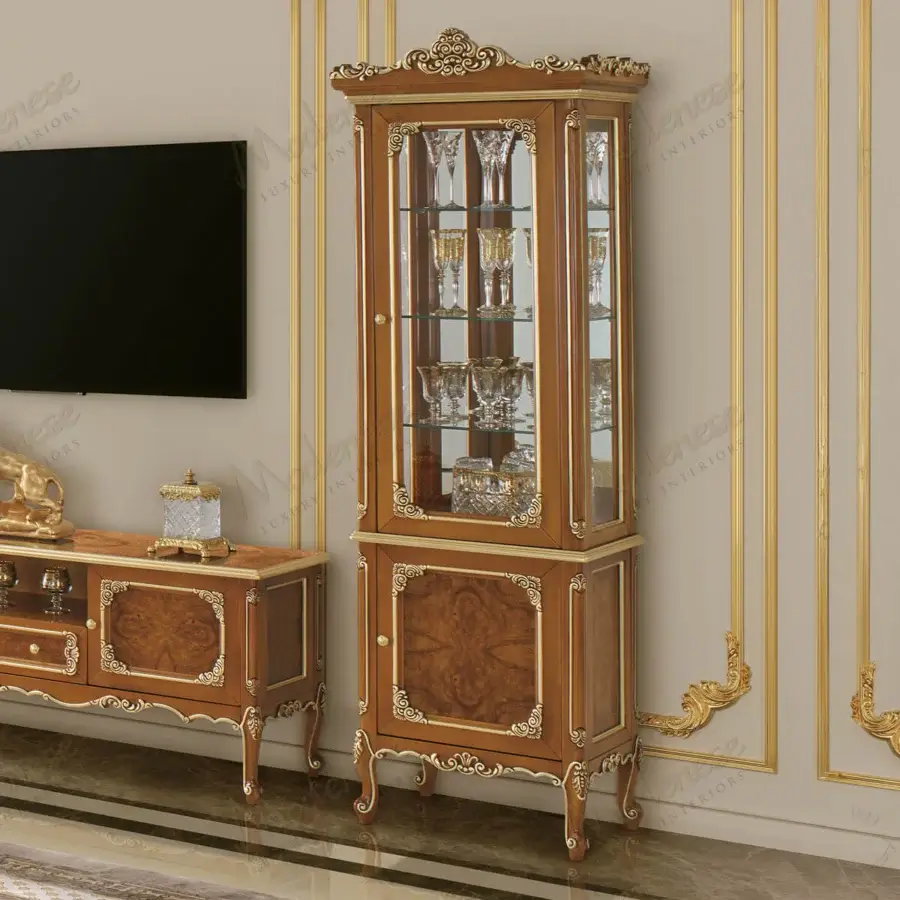 Lavish Modenese Timeless Grace cupboard crafted with walnut finish, gold leaf detailing and hand-carved floral motifs